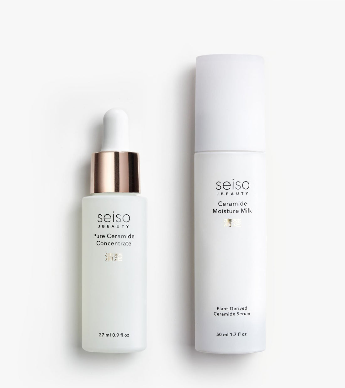 Seiso JBeauty Ceramide Power Duo | Pure Ceramide Concentrate dropper bottle and Ceramide Moisture Milk pump bottle side by side on neutral background